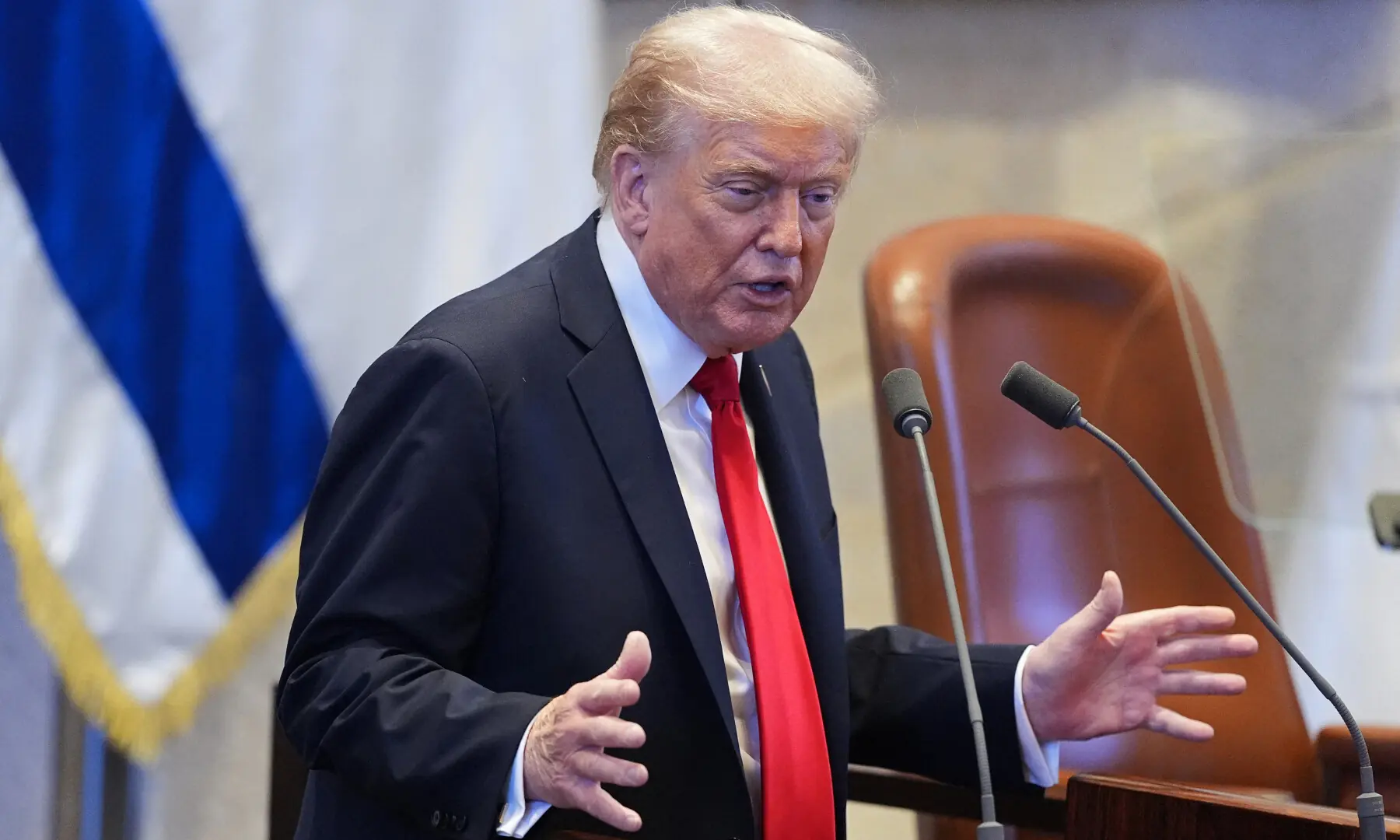  US President Donald Trump speaks at the Israeli parliament, the Knesset, in Jerusalem on October 13, 2025. &mdash; AFP 