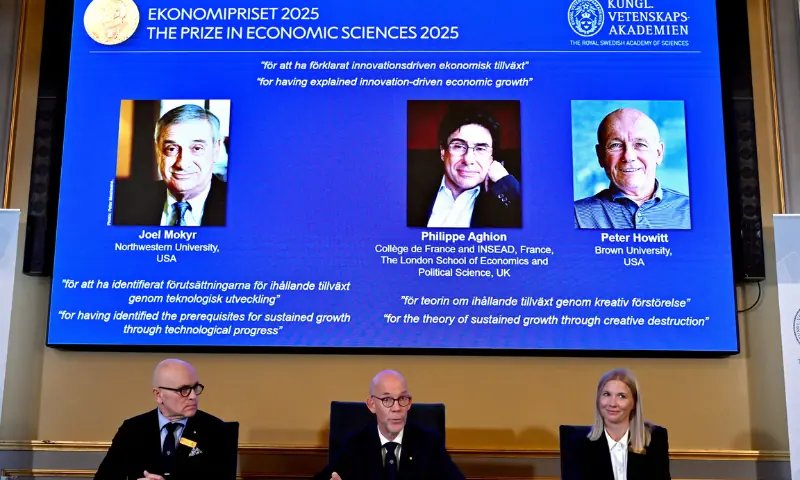The Nobel Prize in Economics 2025 is awarded to Joel Mokyr, Philippe Aghion, and Peter Howitt during a press conference at the Royal Swedish Academy of Sciences in Stockholm, Sweden on Monday, 13 October. &mdash; Reuters