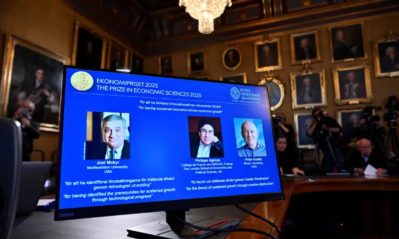 The Nobel Prize in Economics 2025 is awarded to Joel Mokyr, Northwestern University, Evanston, Illinois, US, Philippe Aghion, College de France and INSEAD, Paris, France, and The London School of Economics and Political Science, UK, and Peter Howitt, Brown University, Providence, Rhode Island, US, The Sveriges Riksbank Prize in Economic Sciences in Memory of Alfred Nobel, the Nobel Prize in Economic Sciences 2025, is presented during a press conference at the Royal Swedish Academy of Sciences in Stockholm, Sweden, on 13 October. — Reuters