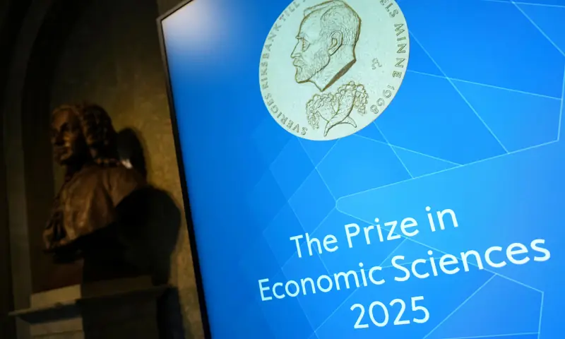 A screen displays an image of Nobel Prize medal, ahead of the announcement of the Nobel Prize in Economic Sciences at the Royal Swedish Academy of Sciences, in Stockholm, Sweden, on October 13, 2025. — Reuters
