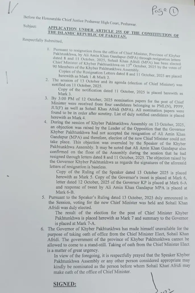 A page of an application filed by the PTI before the PHC pertaining to the oath of the next KP chief minister. — via Abdul Hakeem