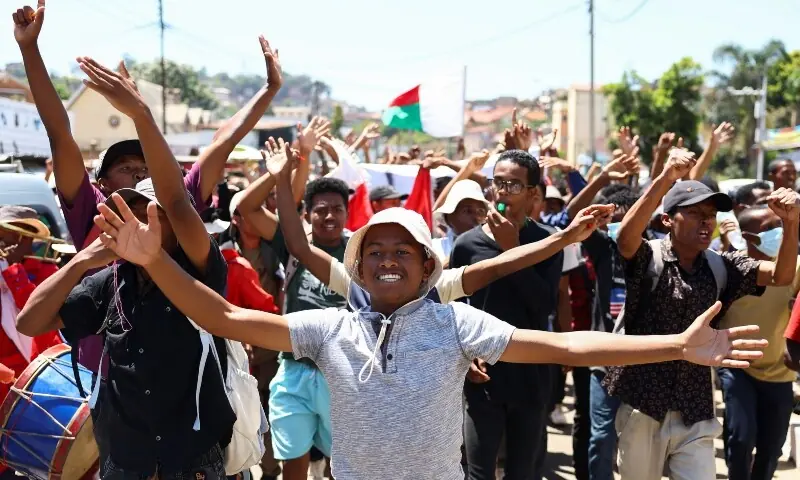 Protesters march during a nationwide youth-led protest over frequent power outages and water shortages, in Antananarivo, Madagascar, Oct 13. — Reuters Protesters march during a nationwide youth-led protest over frequent power outages and water shortages, in Antananarivo, Madagascar, Oct 13. — Reuters