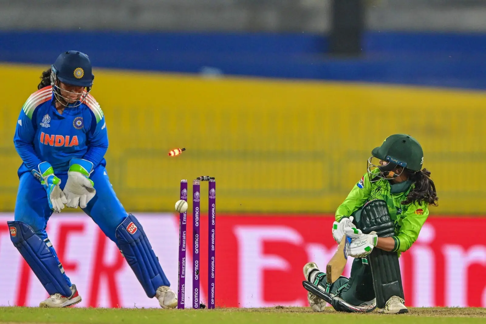 Sharma strikes as Rameen is bowled around her legs at the ICC Women’s Cricket World Cup 2025 one-day international (ODI) match between India and Pakistan at the R. Premadasa International Cricket Stadium in Colombo on October 5, 2025. — AFP