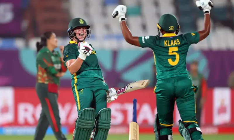 South Africa’s Nadine de Clerk and Masaabata Klaas celebrated in their match against Bangladesh in their Women’s World Cup encounter in Visakhapatnam on October 13. — ICC
