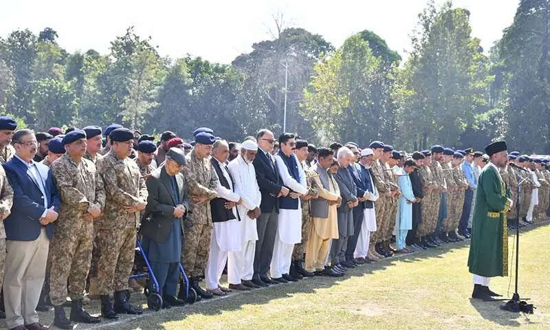 Senior military and civil official offer funeral prayers for soldiers martyred during border clashes with Afghanistan, at Rawalpindi&rsquo;s Chaklala Garrison on October 13. &mdash; ISPR