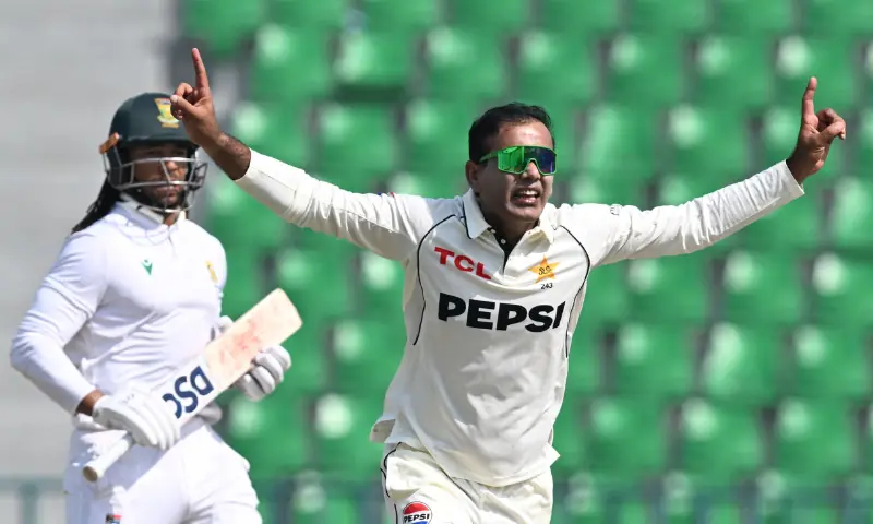 Pakistan’s Noman Ali (R) celebrates after taking the wicket of South Africa’s Tony de Zorzi (L) during the third day of the first Test cricket match between Pakistan and South Africa at the Gaddafi Stadium in Lahore on October 14, 2025. — AFP Pakistan’s Noman Ali (R) celebrates after taking the wicket of South Africa’s Tony de Zorzi (L) during the third day of the first Test cricket match between Pakistan and South Africa at the Gaddafi Stadium in Lahore on October 14, 2025. — AFP