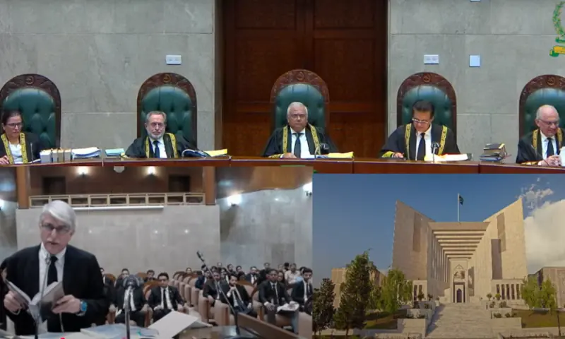 Advocate Abid Shahid Zuberi speaks at the rostrum, as an eight-member SC Constitutional Bench hears challenges against the 26th Amendment during live-streamed proceedings, on Oct 14, 2025. — screengrab from SC’s YouTube channel