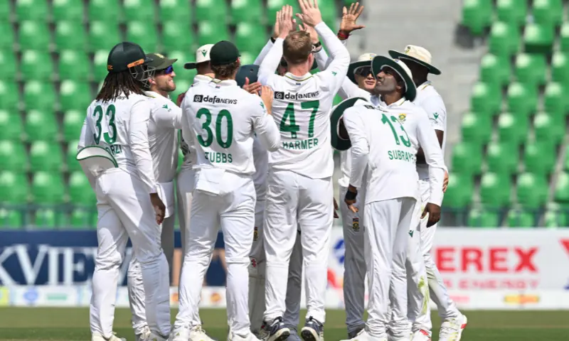 South Africa’s Simon Harmer (C) celebrates with teammates after taking the wicket of Pakistan’s captain Shan Masood during the third day of the first Test cricket match between Pakistan and South Africa at the Gaddafi Stadium in Lahore on October 14, 2025. — AFP South Africa’s Simon Harmer (C) celebrates with teammates after taking the wicket of Pakistan’s captain Shan Masood during the third day of the first Test cricket match between Pakistan and South Africa at the Gaddafi Stadium in Lahore on October 14, 2025. — AFP