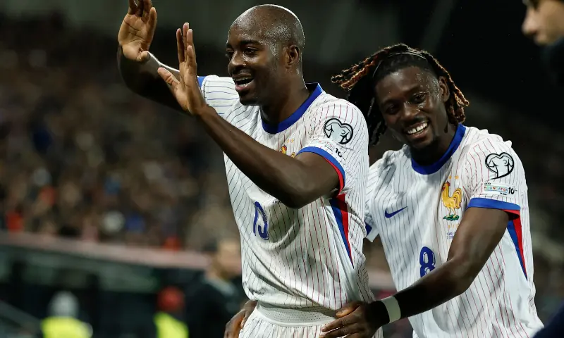 France&rsquo;s Jean-Philippe Mateta celebrates scoring their second goal with Manu Kone in Reykjavik, Iceland on October 13, 2025. &mdash; Reuters