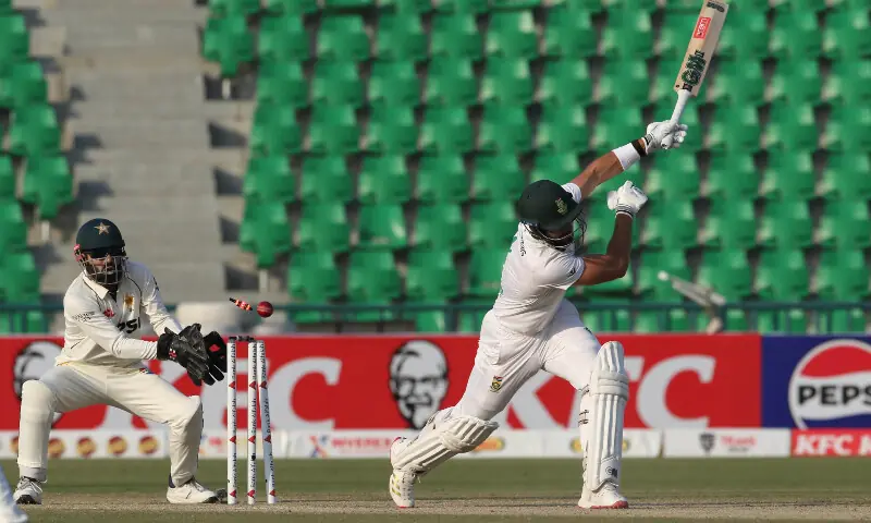 South Africa’s captain Aiden Markram is clean bowled by Pakistan’s Noman Ali during the third day of the first Test cricket match between Pakistan and South Africa at the Gaddafi Stadium in Lahore on October 14. — Arif Ali/White Star South Africa’s captain Aiden Markram is clean bowled by Pakistan’s Noman Ali during the third day of the first Test cricket match between Pakistan and South Africa at the Gaddafi Stadium in Lahore on October 14. — Arif Ali/White Star