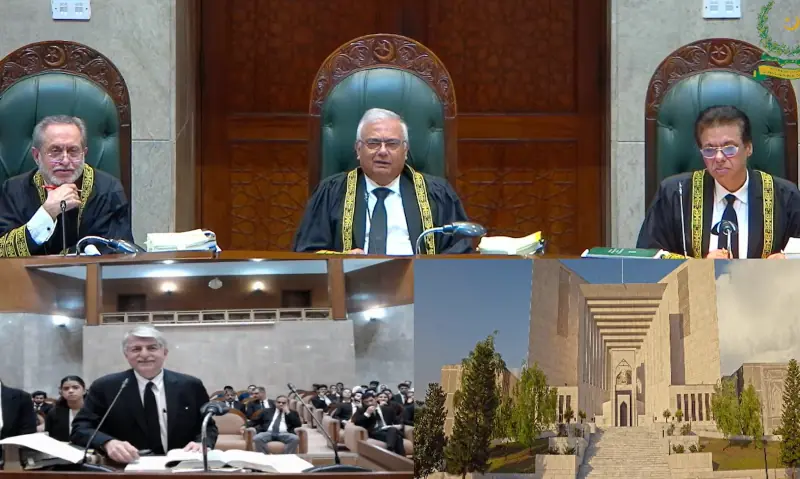 Advocate Abid Shahid Zuberi speaks at the rostrum, as an eight-member SC Constitutional Bench hears challenges against the 26th Amendment during live-streamed proceedings, on Oct 15, 2025. &mdash; screengrab from SC&rsquo;s YouTube channel