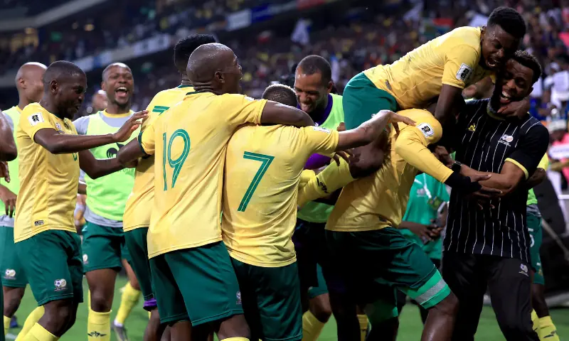 South Africa’s Evidence Makgopa celebrates scoring their third goal with teammates at Mbombela Stadium, Mbombela, South Africa on October 14, 2025. — Reuters South Africa’s Evidence Makgopa celebrates scoring their third goal with teammates at Mbombela Stadium, Mbombela, South Africa on October 14, 2025. — Reuters