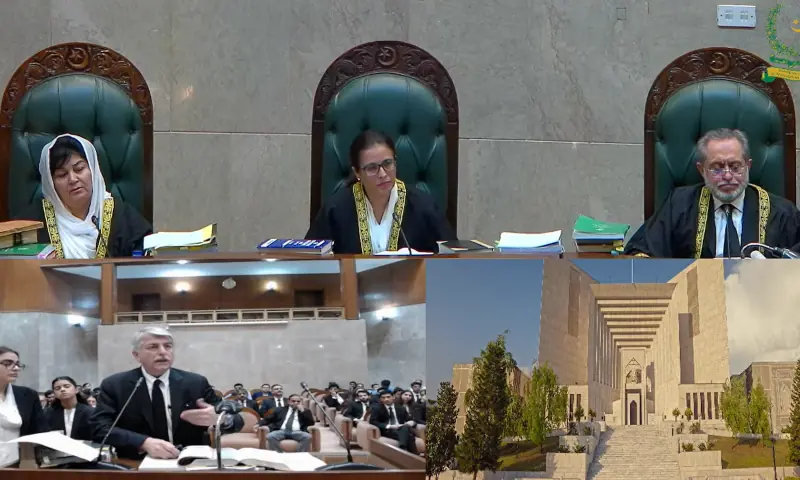 Advocate Abid Shahid Zuberi speaks at the rostrum, as an eight-member SC Constitutional Bench hears challenges against the 26th Amendment during live-streamed proceedings, on Oct 15, 2025. &mdash; screengrab from SC&rsquo;s YouTube channel