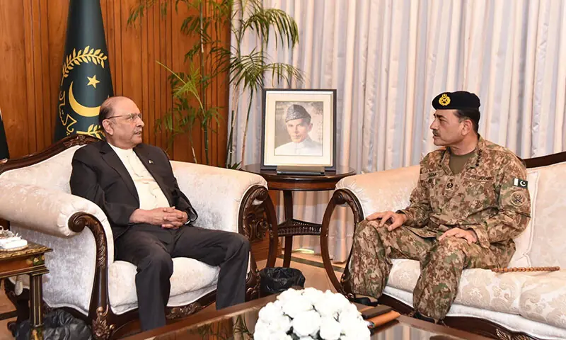 President Asif Ali Zardari and Chief of Army Staff Field Marshal Asim Munir have a meeting at the Presidency on October 15. &mdash; Photo via X/@@murtazasolangi