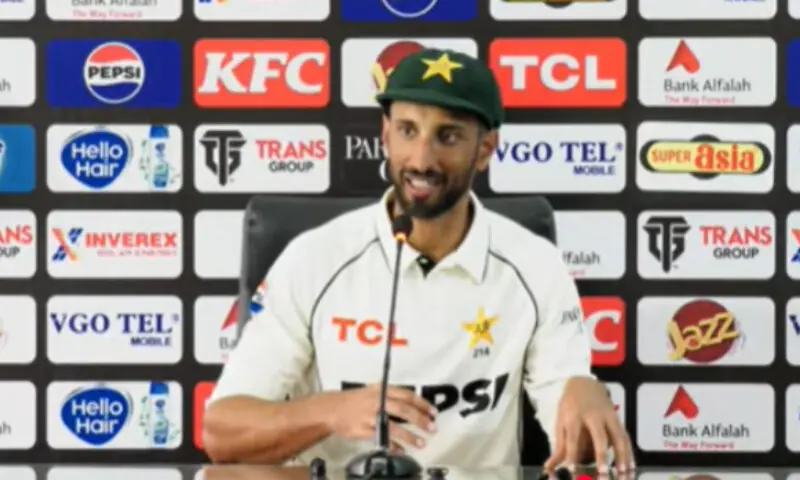 Pakistan men&rsquo;s Test captain Shan Masood speaks at the post-match press conference at the Gaddafi Stadium in Lahore on October 15. &mdash; PCB