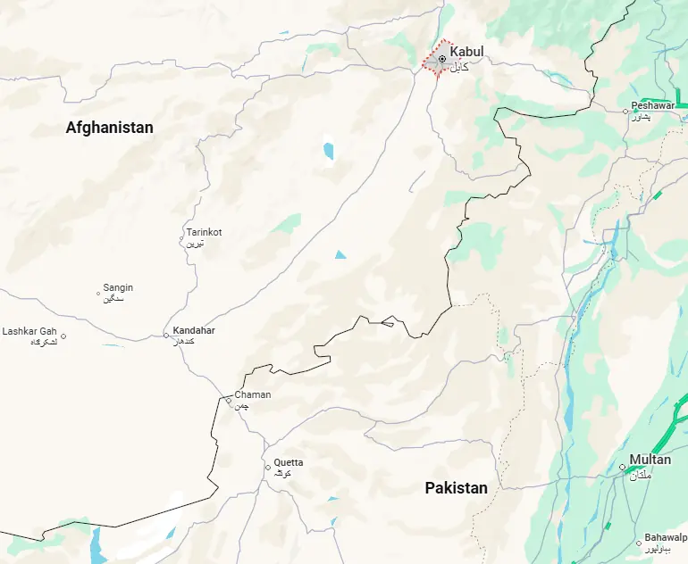  This map shows eastern Afghanistan, where Kandahar and Kabul are located, and the border Pakistan shares with the country. — via Google Maps 