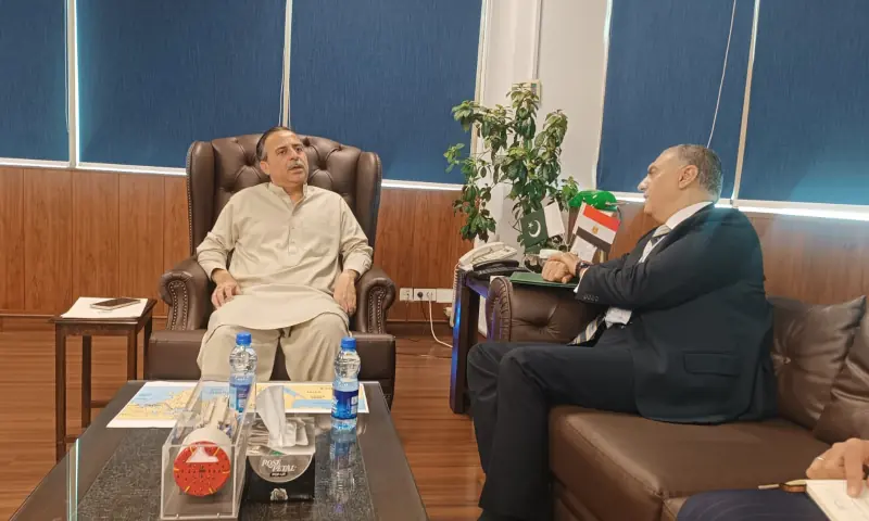 Federal Minister for Maritime Affairs Muhammad Junaid Anwar Chaudhry talking to Egypt&rsquo;s ambassador, Dr Ihab Mohamed Adbelhamid Hassan on October 15. &mdash; PID