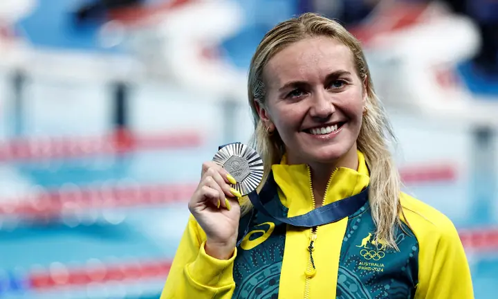 Silver medallist Ariarne Titmus of Australia poses as she celebrates with her medal in the Women&rsquo;s 800m Freestyle Victory Ceremony at the Paris La Defense Arena in Nanterre, France on August 03, 2024. &mdash; Reuters/File