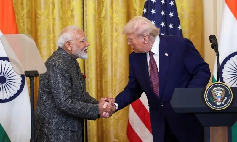 US President Donald Trump and Indian Prime Minister Narendra Modi shake hands as they attend a joint press conference at the White House in Washington, DC, US, February 13, 2025. &mdash; Reuters