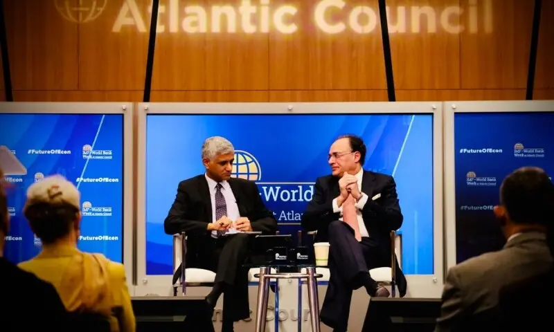 Fina&shy;nce Minister Muhammad Aurangzeb addresses a gathering of scholars and economists at the Atlantic Council in Washington on October 16. &mdash; Photo courtesy Ministry of Finance/X