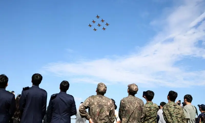 The South Korean Air Force Black Eagles aerobatic team perform during Seoul International Aerospace & Defence Exhibition (ADEX) in Seongnam, South Korea, October 17. &mdash;Reuters