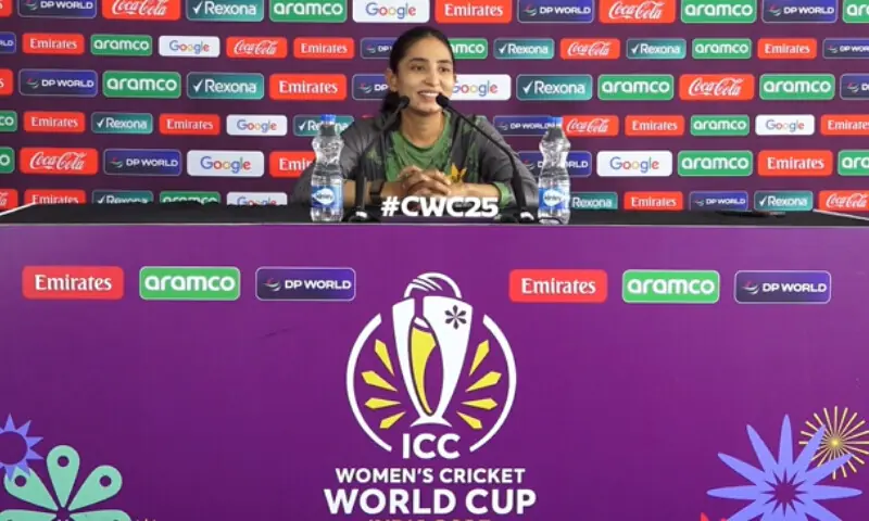 Pakistan batter Omaima Sohail Speaking at the pre-match press conference at the R. Pramedasa Stadium in Colombo, Sri Lanka on October 17. &mdash; &copy; ICC 2023