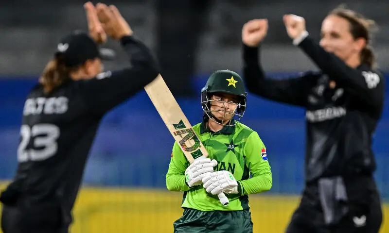 Pakistan&rsquo;s captain Fatima Sana (C) reacts after her dismissal as New Zealand&rsquo;s players celebrate during the ICC Women&rsquo;s Cricket World Cup 2025 one-day international (ODI) match between New Zealand and Pakistan at the R. Premadasa International Cricket Stadium in Colombo on October 18, 2025. &mdash; AFP