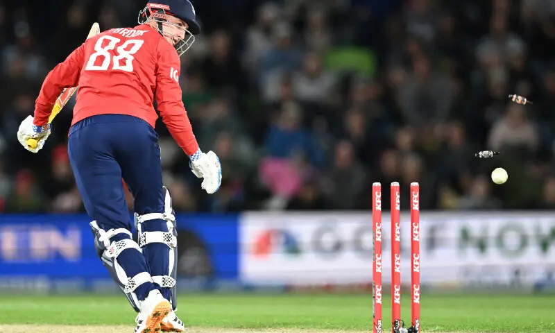 England&rsquo;s Harry Brook is bowled by New Zealand&rsquo;s James Neesham during the first Twenty20 international cricket match between New Zealand and England at Hagley Oval in Christchurch on October 18, 2025. &mdash; AFP
