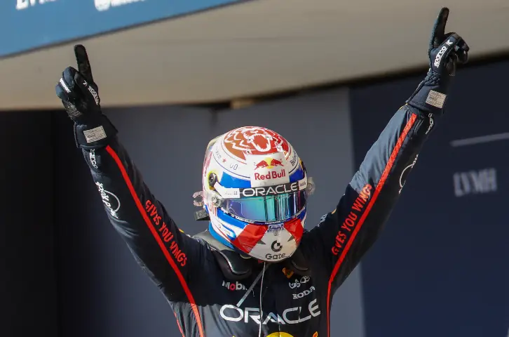 Oracle Red Bull Racing driver Max Verstappen (1) of Team Netherlands, winner celebrates at winners circle at Circuit of The Americas Austin on Oct 19, 2025. &mdash; Reuters