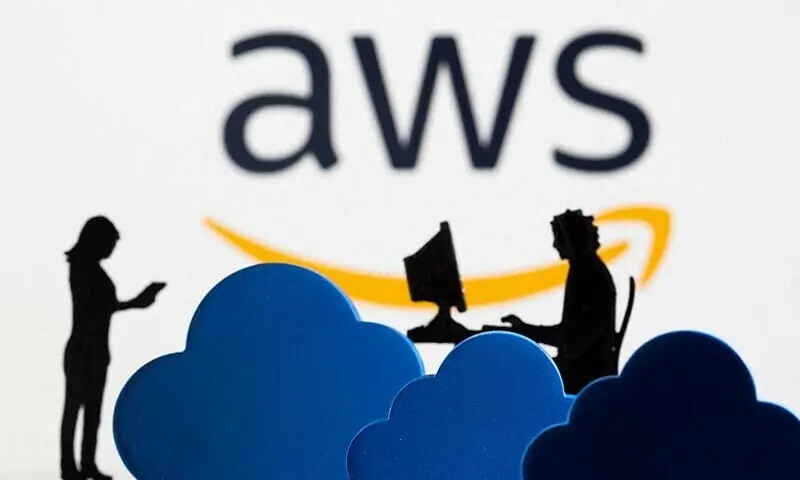 3D printed clouds and figurines are seen in front of the AWS (Amazon Web Service) cloud service logo in this illustration &mdash; Reuters/File