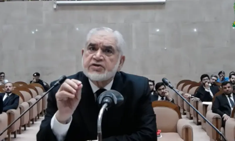 Advocate Muhammad Akram Sheikh speaks at the rostrum, as an eight-member SC Constitutional Bench hears challenges against the 26th Amendment during live-streamed proceedings, on Oct 20, 2025. — screengrab from SC’s YouTube channel