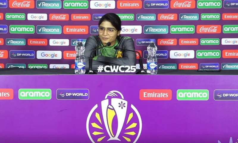 Pakistan bowler Rameen Shamim speaks at the pre-match press conference in Colombo on October 20. — ICC Pakistan bowler Rameen Shamim speaks at the pre-match press conference in Colombo on October 20. — ICC