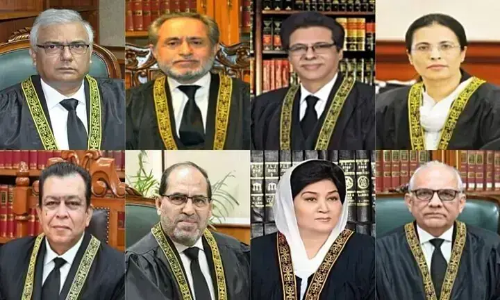 This photo combo shows (clockwise from L) Justices Aminuddin Khan, Jamal Khan Mandokhail, Muhammad Ali Mazhar, Ayesha Malik, Syed Hasan Azhar Rizvi, Musarrat Hilali, Naeem Akhtar Afghan and Shahid Bilal Hassan. &mdash; SC website/File