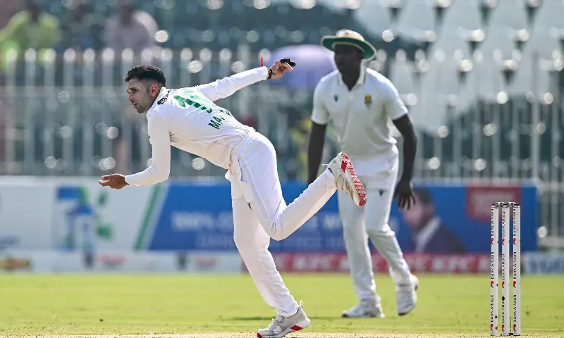 South Africa&rsquo;s Keshav Maharaj delivers a ball during the second day of the second Test cricket match between Pakistan and South Africa at the Rawalpindi Cricket Stadium in Rawalpindi on October 21, 2025. &mdash; AFP