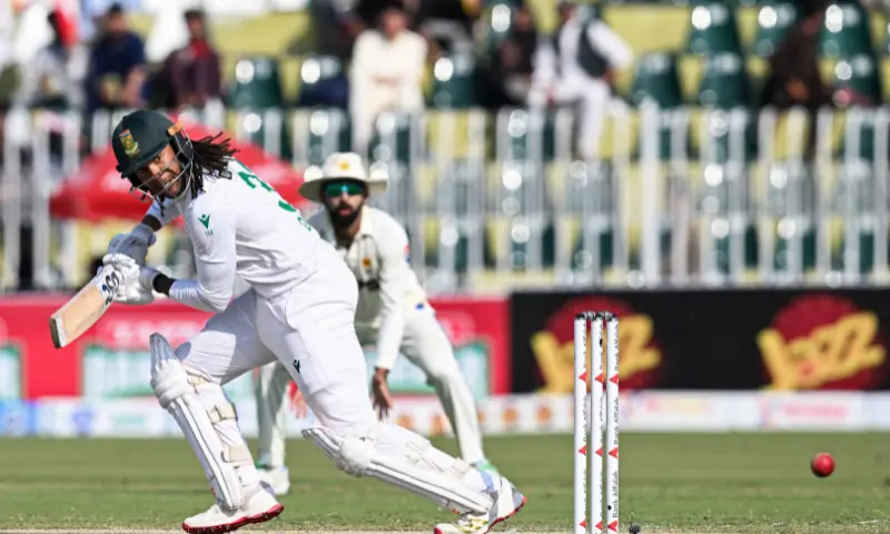 South Africa&rsquo;s Tony de Zorzi reacts after playing a shot during the second day of the second Test cricket match between Pakistan and South Africa at the Rawalpindi Cricket Stadium in Rawalpindi on October 21, 2025. &mdash; AFP