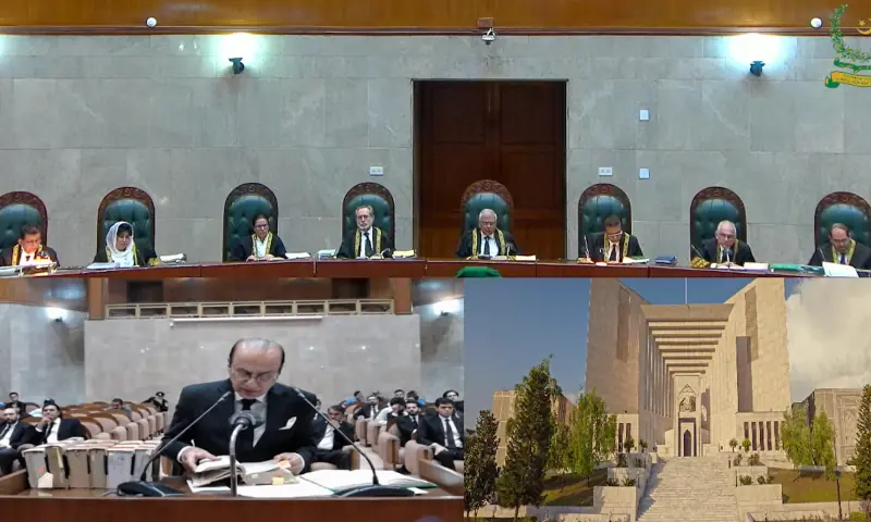 Retired Justice Syed Shabbar Raza Rizvi speaks at the rostrum, as an eight-member SC Constitutional Bench hears challenges against the 26th Amendment during live-streamed proceedings, on Oct 21, 2025. &mdash; screengrab from SC&rsquo;s YouTube channel