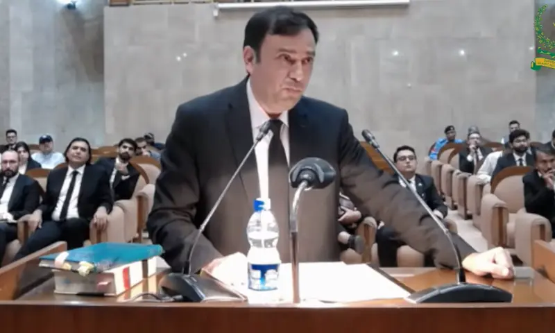  Lawyer Dr Adnan Khan speaks at the rostrum, as an eight-member SC Constitutional Bench hears challenges against the 26th Amendment on Oct 21, 2025. &mdash; screengrab from SC&rsquo;s YouTube channel 