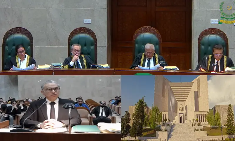 Advocate Khwaja Ahmad Hosain speaks at the rostrum, as an eight-member SC Constitutional Bench hears challenges against the 26th Amendment during live-streamed proceedings, on Oct 22, 2025. &mdash; screengrab from SC&rsquo;s YouTube channel