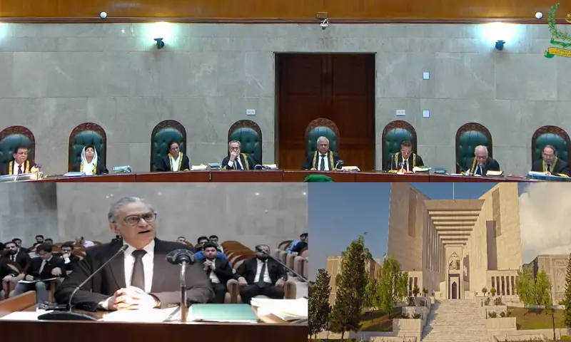 Advocate Khwaja Ahmad Hosain speaks at the rostrum, as an eight-member SC Constitutional Bench hears challenges against the 26th Amendment during live-streamed proceedings, on Oct 22, 2025. &mdash; screengrab from SC&rsquo;s YouTube channel