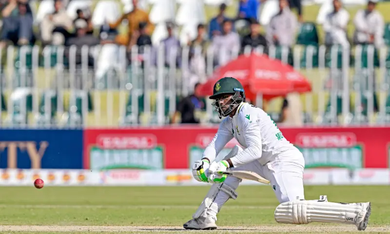 South Africa&rsquo;s Senuran Muthusamy plays a shot during the third day of the second Test cricket match between Pakistan and South Africa at the Rawalpindi Cricket Stadium in Rawalpindi on October 22, 2025. &mdash; AFP