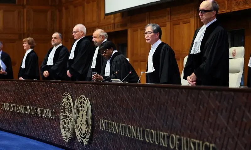 Judges, including Yuji Iwasawa, arrive for the session of the International Court of Justice on the day of a delivery of a non-binding Advisory Opinion on Israel&rsquo;s obligations regarding the presence and activities of the United Nations and other international actors in the occupied Palestinian territory, in a public sitting in The Hague, Netherlands, October 22. &mdash; Reuters