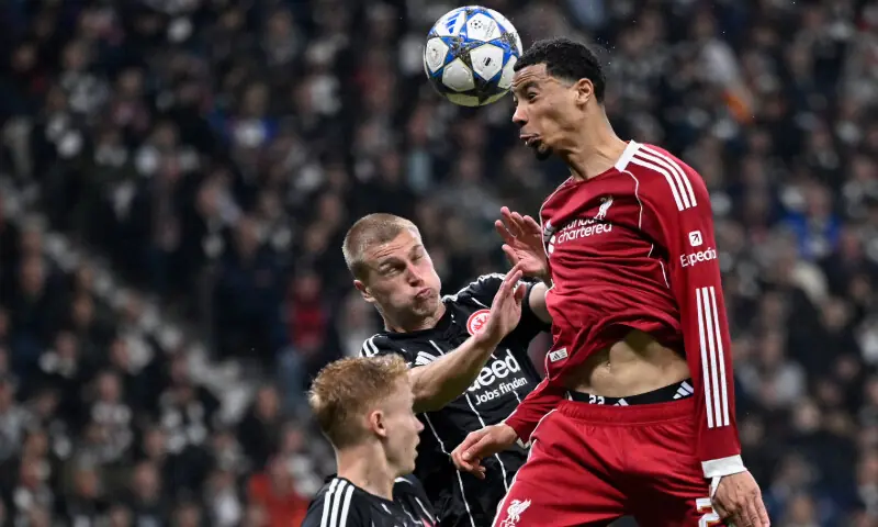 From (R-L) Liverpool&rsquo;s Hugo Ekitike and Eintract Frankfurt&rsquo;s Rasmus Kristensen and Hugo Larsson vie for the ball during their Champions League match at the Deutsche Bank Park in Frankfurt on October 22, 2025.&ndash;AFP