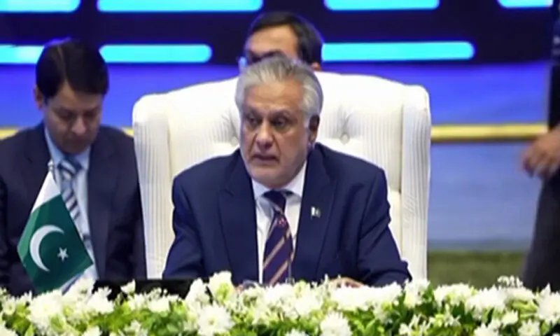 Deputy Prime Minister and Foreign Minister Ishaq Dar addresses the Regional Transport Ministers&rsquo; Conference in Islamabad on Thursday. &mdash; DawnNewsTV