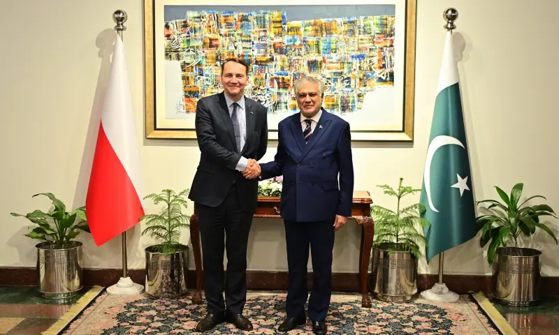 Deputy Prime Minister and Foreign Minister Ishaq Dar meets with his Polish counterpart, Radosław Sikorski, at the Ministry of Foreign Affairs on Thursday. &mdash; ForeignOfficePk via X