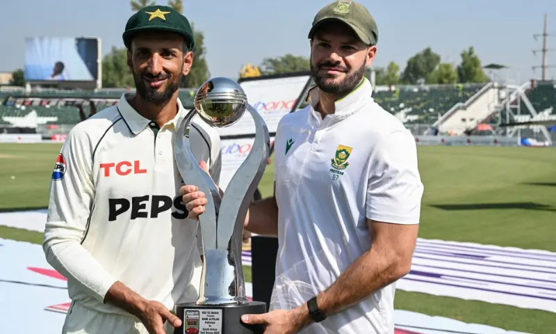 South Africa&rsquo;s captain Aiden Markram (R) and his Pakistani counterpart Shan Masood pose with the series trophy at the end of the second Test cricket match between Pakistan and South Africa at the Rawalpindi Cricket Stadium in Rawalpindi on October 23, 2025. &mdash; AFP