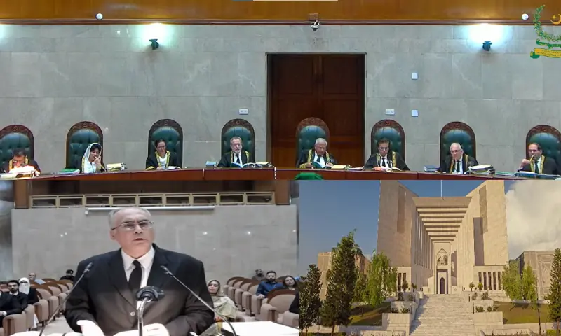 Advocate Uzair Bhandari speaks at the rostrum, as an eight-member SC Constitutional Bench hears challenges against the 26th Amendment during live-streamed proceedings, on Oct 22, 2025. &mdash; screengrab from SC&rsquo;s YouTube channel