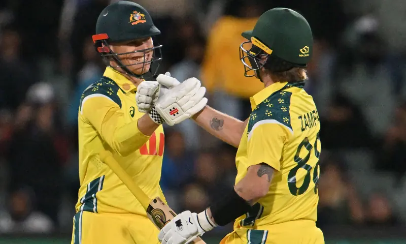 Australis’s Cooper Connolly (L) and Adam Zampa celebrate their win during the second one-day international (ODI) men’s cricket match between Australia and India at the Adelaide Oval in Adelaide on October 23, 2025. — AFP Australis’s Cooper Connolly (L) and Adam Zampa celebrate their win during the second one-day international (ODI) men’s cricket match between Australia and India at the Adelaide Oval in Adelaide on October 23, 2025. — AFP