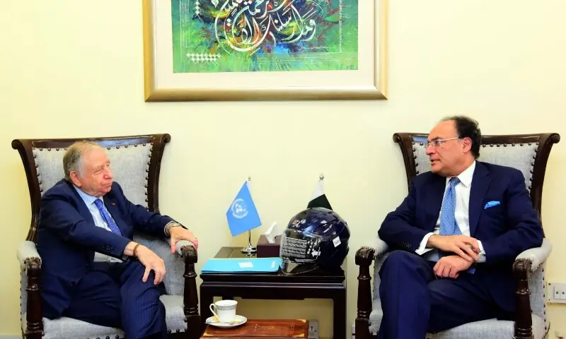 Finance Minister Muhammad Aurangzeb meets UN Secretary General&rsquo;s Special Envoy for Road Safety Jean Todt at the Finance Division on October 23. &mdash; Photo via Ministry of Finance/X