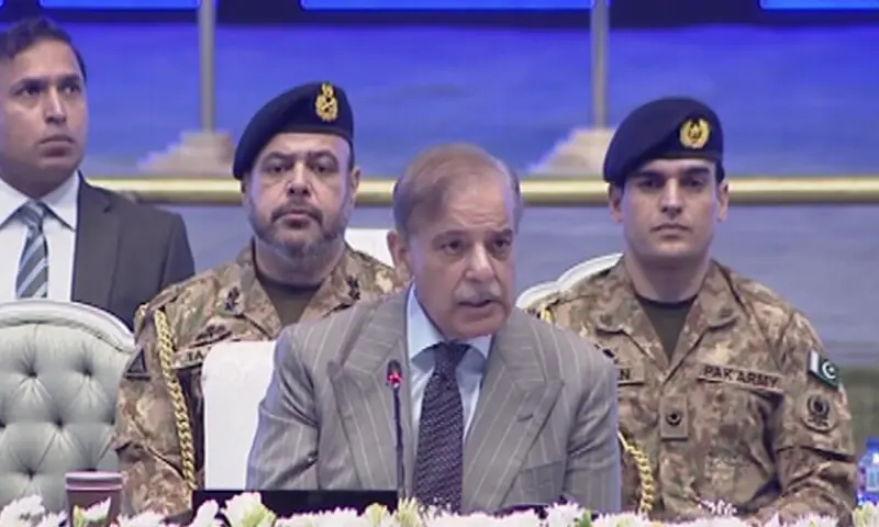 Prime Minister Shehbaz Sharif addresses the Regional Transport Ministers&rsquo; Conference in Islamabad on Friday. &mdash; DawnNewsTV