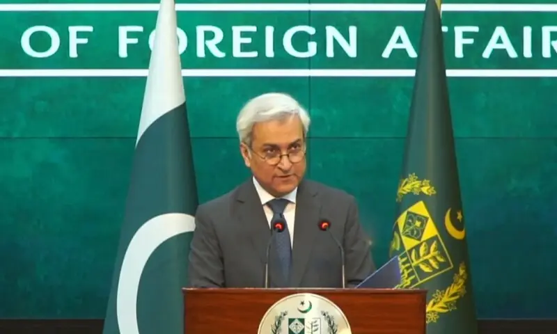 Foreign Office Spokesperson Tahir Hussain Andrabi addresses a press conference on Friday. &mdash; screengrab